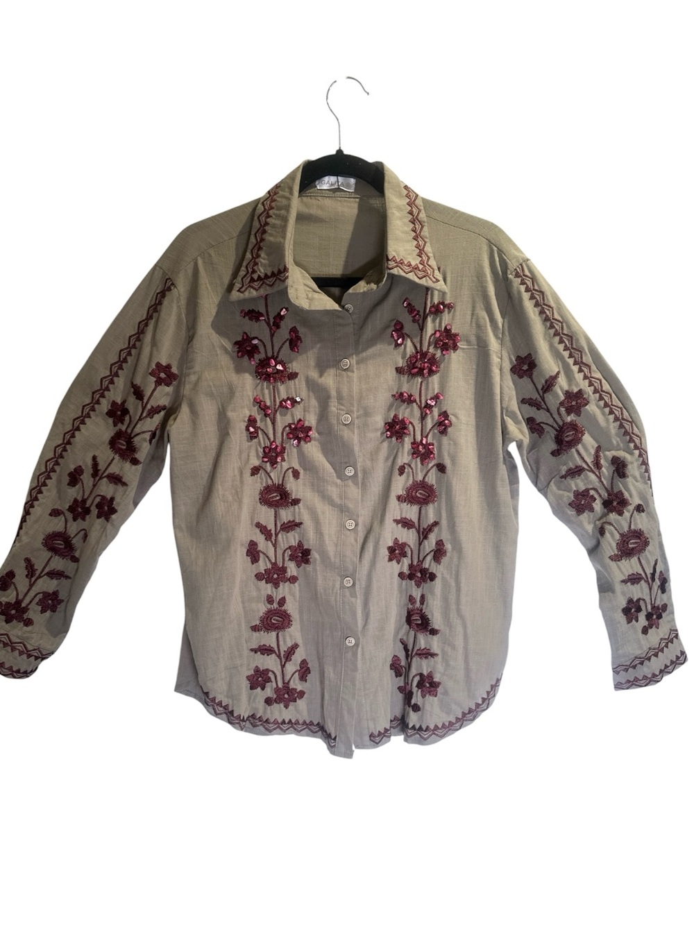 Galita Embroidered Olive Green Button-Up Shirt with Red Floral Accents NWT - Picture 9 of 12